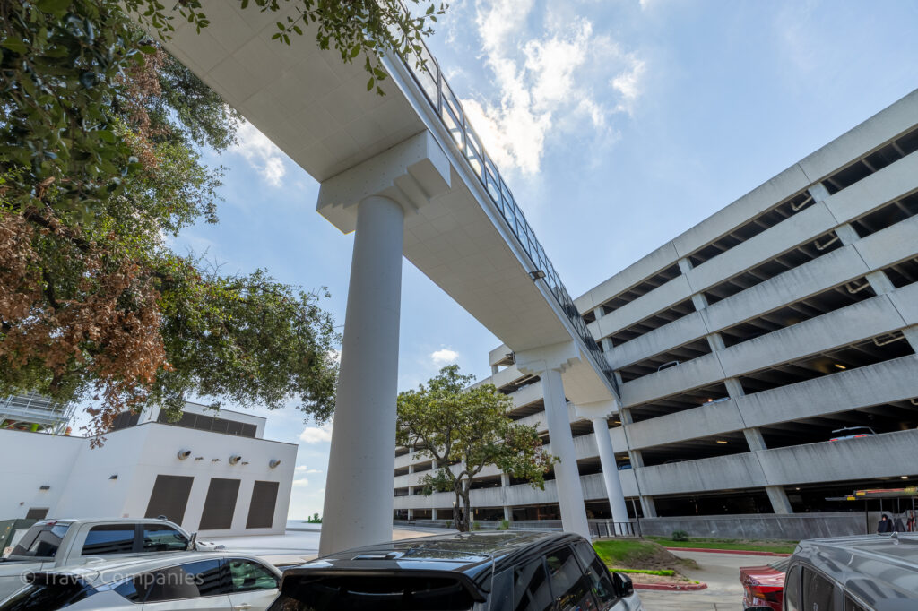 MHST bridge and garage sky bridge after brick staining, San Antonio TX. Side wide.